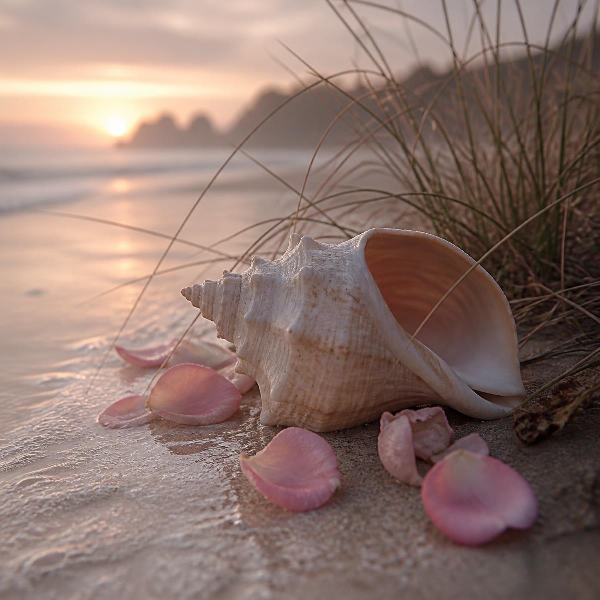 Caracola sobre la arena húmeda al amanecer con pétalos rosados