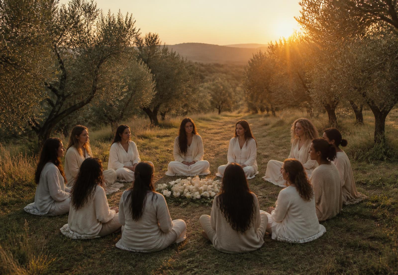 Círculo de mujeres sentadas en un olivar al atardecer