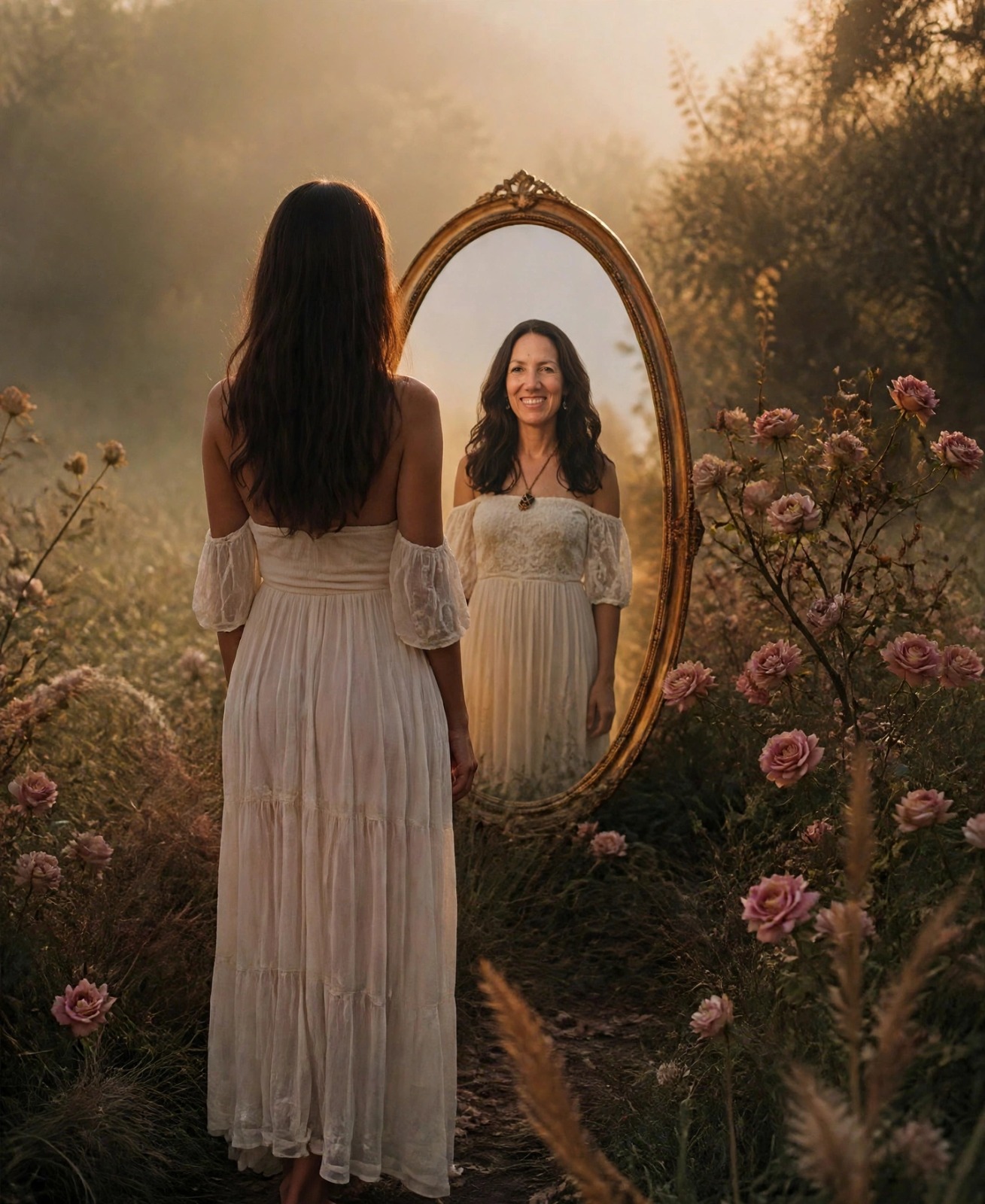 Mujer de espaldas frente a un espejo dorado en la naturaleza, reconociéndose en su reflejo