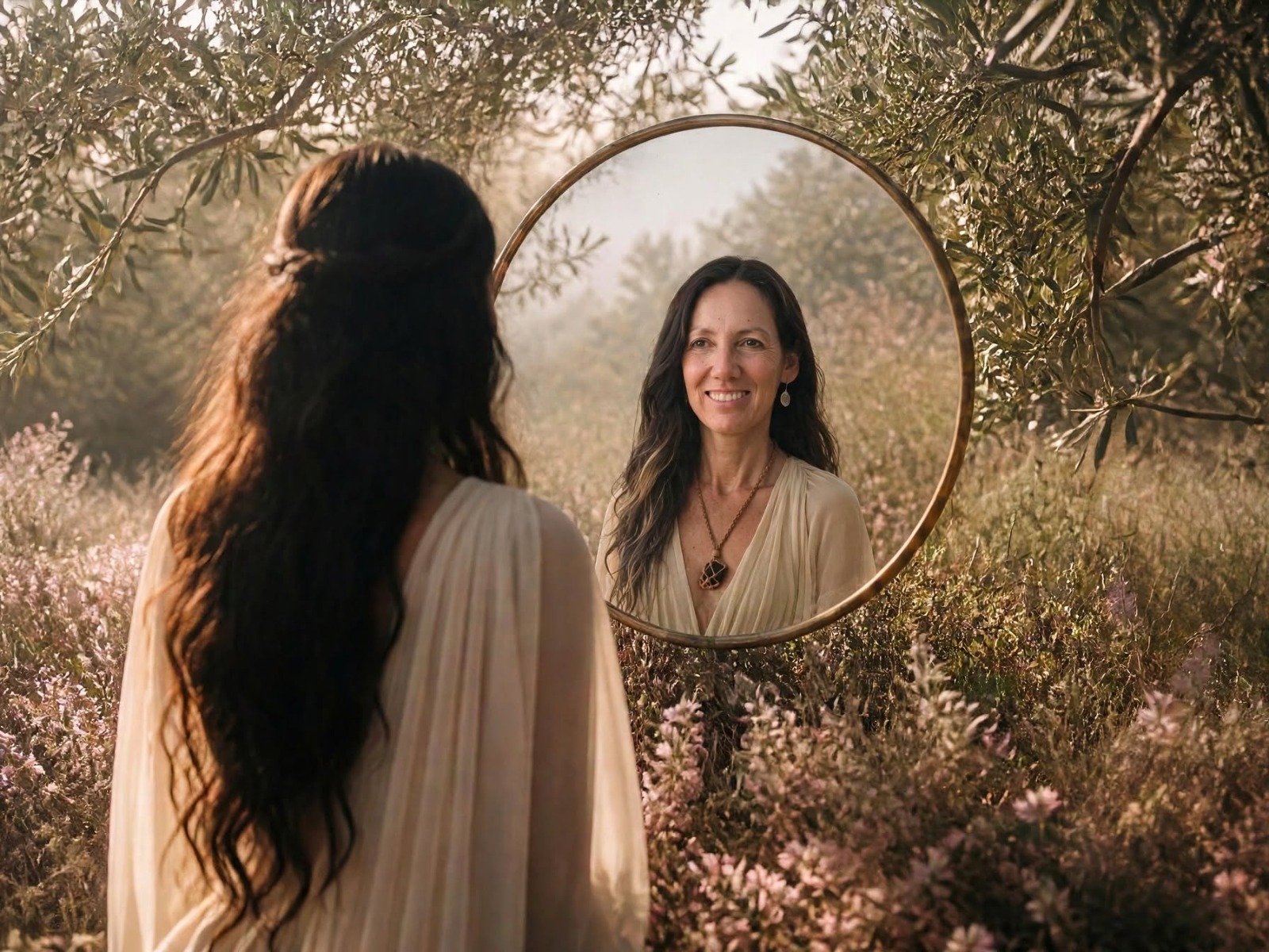 Mujer de espaldas frente a un espejo dorado en la naturaleza, con su reflejo iluminado al amanecer