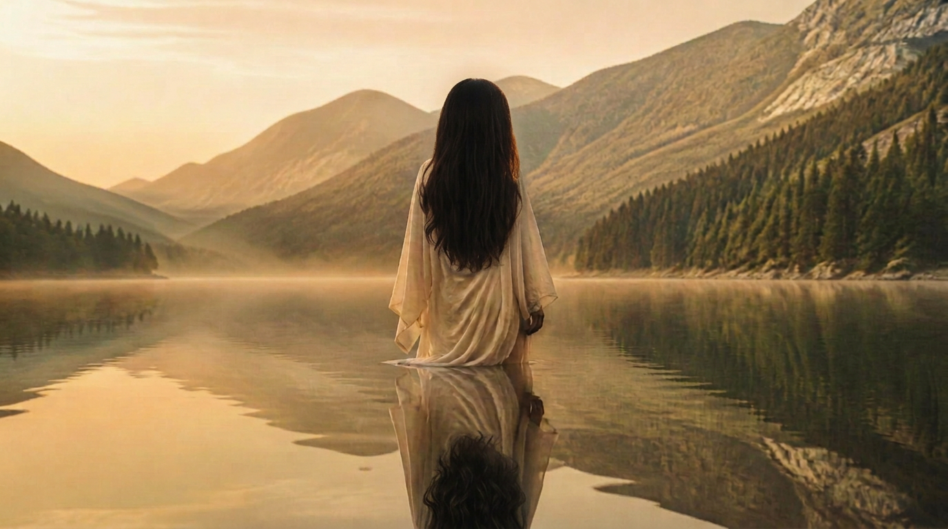 Mujer de pelo largo y oscuro, de espaldas, frente a un lago de montaña al amanecer