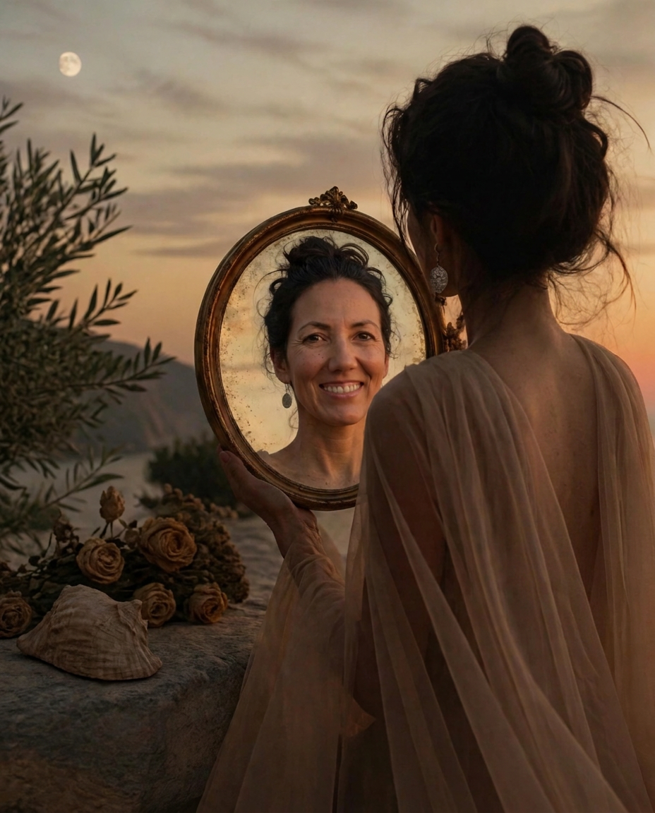 Mujer sosteniendo un espejo redondo al atardecer, con su reflejo, rosas secas y una caracola